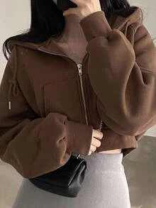 DAZY Women's Solid Color Zip-Up Hooded Short Fleece Sweatshirt - Khaki - View 2