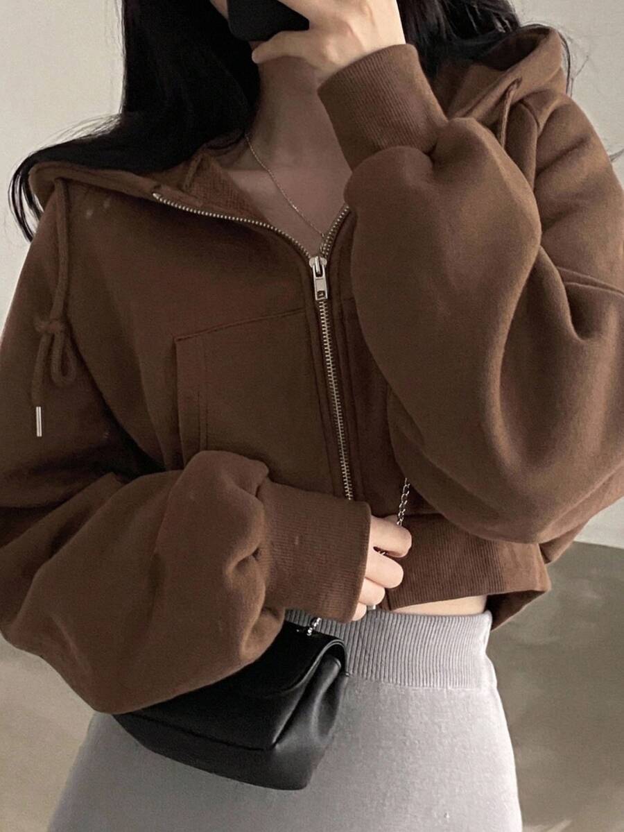 DAZY Women's Solid Color Zip-Up Hooded Short Fleece Sweatshirt - Khaki - View 1