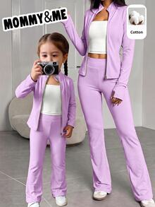 SHEIN Young Girl Young Girl Kids Young Girl Knit Solid Color Stand Collar Casual Jacket And Long Pants 2 Pieces Set, Thick Style, Suitable For Autumn/Winter - Purple - View 7