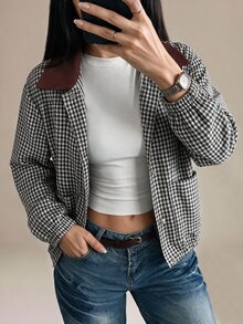 SHEIN PETITE Women's Plaid Long Sleeve Single-Breasted Casual Regular Fit Jacket - Grey - View 3