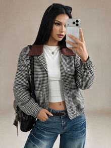 SHEIN PETITE Women's Plaid Long Sleeve Single-Breasted Casual Regular Fit Jacket - Grey - View 1