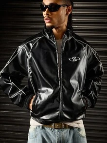 ROMWE MEN Men's Stand Collar Long Sleeve Zip-Up Jacket - Black - View 5