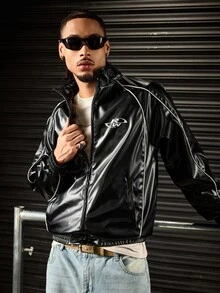 ROMWE MEN Men's Stand Collar Long Sleeve Zip-Up Jacket - Black - View 8