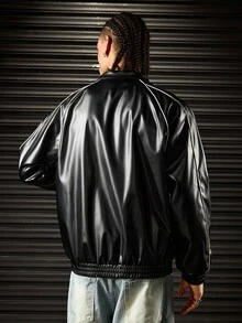 ROMWE MEN Men's Stand Collar Long Sleeve Zip-Up Jacket - Black - View 3