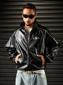 ROMWE MEN Men's Stand Collar Long Sleeve Zip-Up Jacket - Black - View 6