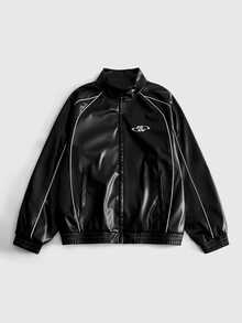 ROMWE MEN Men's Stand Collar Long Sleeve Zip-Up Jacket - Black - View 2
