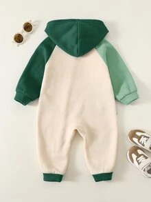 SHEIN 男嬰秋冬套裝連身衣，保暖內裡加厚可愛大象圖案拼色連帽長袖連身衣，舒適百搭休閒時尚日常可愛簡約基礎款，適合室內、戶外滑雪、日常、運動、派對、攝影、節慶、街頭穿搭、聖誕節、新年 - 綠色 - 查看 2