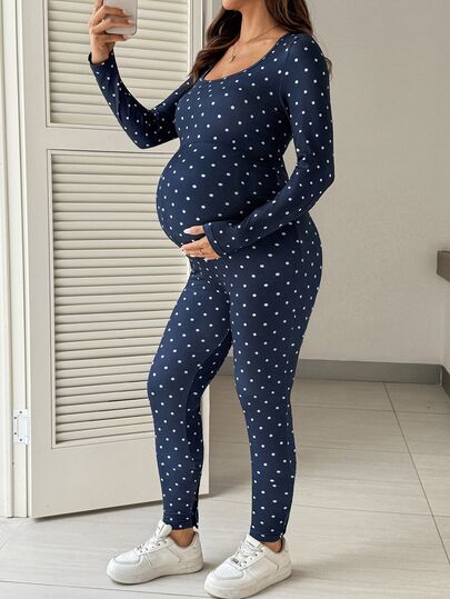 SHEIN Maternity Polka Dot Print Square Neck Long Sleeve Casual Jumpsuit