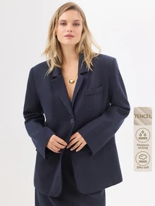 KÆRIA Hus Longline Single-Breasted Blazer - Lyocell Drape - Navy Blue - Tailored, Workwear Business, Day, Office, Casual, Chill, Set, Outwear, Meeting Summer - Black - View 9