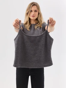 KÆRIA Hus Short Sleeve T-Shirt & Singlet Set - Soft Brushed Jersey - Charcoal Marle - Two-Pieces Set, Layering - Grey - View 5