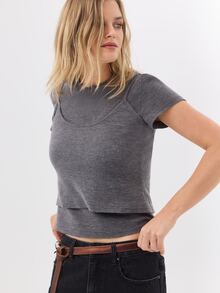 KÆRIA Hus Short Sleeve T-Shirt & Singlet Set - Soft Brushed Jersey - Charcoal Marle - Two-Pieces Set, Layering - Grey - View 6