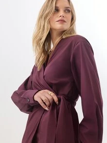 KÆRIA Hus Long Sleeve Wrap Midi Dress - Cotton Poplin - Burgundy - Defined Waist, Elegant Smart Casual, Workwear Brunch, Classic Autumn - Dark Red - View 7