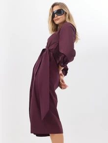 KÆRIA Hus Long Sleeve Wrap Midi Dress - Cotton Poplin - Burgundy - Defined Waist, Elegant Smart Casual, Workwear Brunch, Classic Autumn - Dark Red - View 6