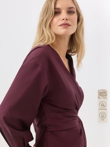 KÆRIA Hus Long Sleeve Wrap Midi Dress - Cotton Poplin - Burgundy - Defined Waist, Elegant Smart Casual, Workwear Brunch, Classic Autumn - Dark Red - View 9