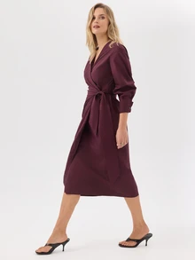 KÆRIA Hus Long Sleeve Wrap Midi Dress - Cotton Poplin - Burgundy - Defined Waist, Elegant Smart Casual, Workwear Brunch, Classic Autumn - Dark Red - View 4