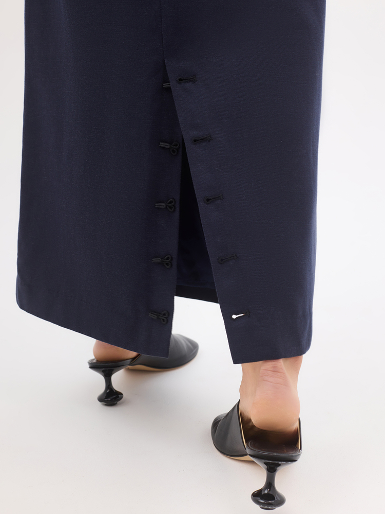 KÆRIA Hus Column Maxi Suit Skirt - Lyocell Drape - Navy Blue - Detailed Back Vent, Matching Blazer, Minimalist Elegant Office Autumn - Black - View 7
