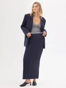 KÆRIA Hus Column Maxi Suit Skirt - Lyocell Drape - Navy Blue - Detailed Back Vent, Matching Blazer, Minimalist Elegant Office Autumn - Black - View 3