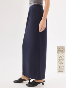 KÆRIA Hus Column Maxi Suit Skirt - Lyocell Drape - Navy Blue - Detailed Back Vent, Matching Blazer, Minimalist Elegant Office Autumn - Black - View 9
