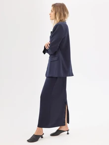 KÆRIA Hus Column Maxi Suit Skirt - Lyocell Drape - Navy Blue - Detailed Back Vent, Matching Blazer, Minimalist Elegant Office Autumn - Black - View 5