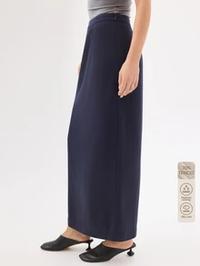 KÆRIA Hus Column Maxi Suit Skirt - Lyocell Drape - Navy Blue - Detailed Back Vent, Matching Blazer, Minimalist Elegant Office Autumn - Black - View 8