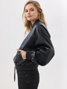 KÆRIA Hus Faux Leather Bomber Jacket - Black - High Gloss, Blouson, Zip-Up, Ribbed Trim, Minimalist, Classic - Black - View 4