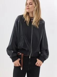 KÆRIA Hus Faux Leather Bomber Jacket - Black - High Gloss, Blouson, Zip-Up, Ribbed Trim, Minimalist, Classic - Black - View 6