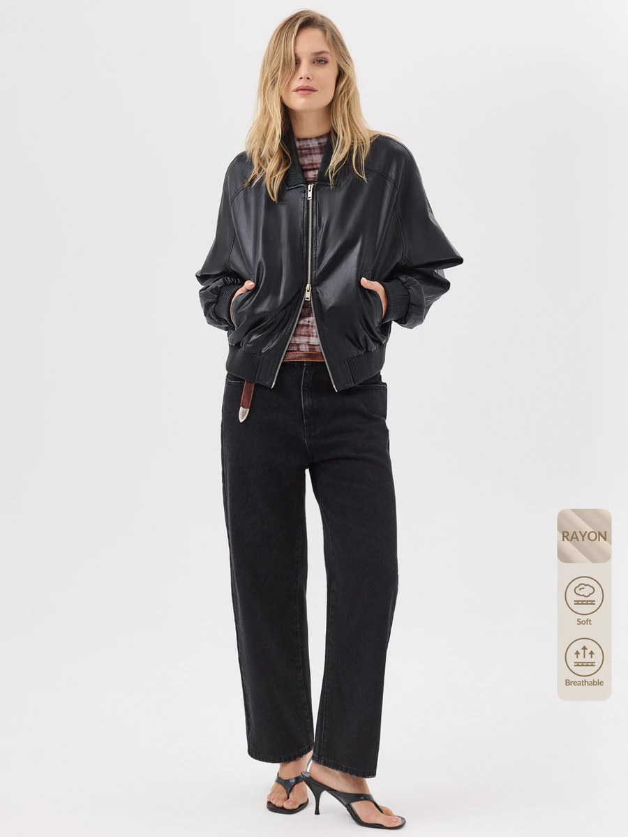KÆRIA Hus Faux Leather Bomber Jacket - Black - High Gloss, Blouson, Zip-Up, Ribbed Trim, Minimalist, Classic