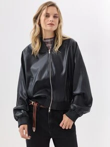 KÆRIA Hus Faux Leather Bomber Jacket - Black - High Gloss, Blouson, Zip-Up, Ribbed Trim, Minimalist, Classic - Black - View 5