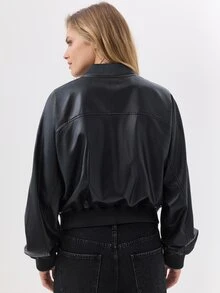 KÆRIA Hus Faux Leather Bomber Jacket - Black - High Gloss, Blouson, Zip-Up, Ribbed Trim, Minimalist, Classic - Black - View 3