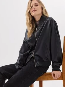 KÆRIA Hus Faux Leather Bomber Jacket - Black - High Gloss, Blouson, Zip-Up, Ribbed Trim, Minimalist, Classic - Black - View 7