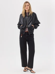 KÆRIA Hus Faux Leather Bomber Jacket - Black - High Gloss, Blouson, Zip-Up, Ribbed Trim, Minimalist, Classic - Black - View 8