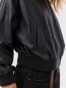 KÆRIA Hus Faux Leather Bomber Jacket - Black - High Gloss, Blouson, Zip-Up, Ribbed Trim, Minimalist, Classic - Black - View 10