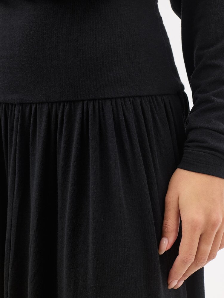 KÆRIA Hus Long Sleeve Blouson Dress - Soft Touch Drape Jersey - Black - Drop Waist, Gathered Hem, Tea Party Office Dinner, Everyday, Autumn, Elegant Minimalist - Black - View 7