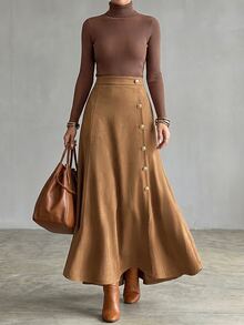 SHEIN Vintage Brown Suede Fishtail High Waist Asymmetrical Button Skirt Slimming A-Line Long Skirt For Women Autumn/Winter - Brown - View 4