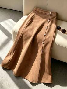 SHEIN Vintage Brown Suede Fishtail High Waist Asymmetrical Button Skirt Slimming A-Line Long Skirt For Women Autumn/Winter - Brown - View 3