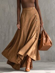 SHEIN Vintage Brown Suede Fishtail High Waist Asymmetrical Button Skirt Slimming A-Line Long Skirt For Women Autumn/Winter - Brown - View 1