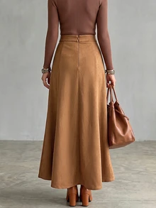 SHEIN Vintage Brown Suede Fishtail High Waist Asymmetrical Button Skirt Slimming A-Line Long Skirt For Women Autumn/Winter - Brown - View 2