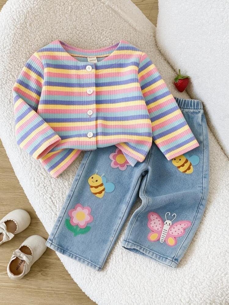 SHEIN 2Pcs Toddler Girl Cardigan Pants Cute Rainbow Pink Ribbed Striped Butterfly Long Sleeve Round Neck Regular Party Fall Sweaters Pants Princess Set - Multicolor - View 8