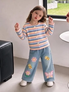 SHEIN 2件組幼女可愛彩虹粉色羅紋條紋蝴蝶長袖圓領休閒派對秋季針織開襟衫褲套裝公主風 - 彩色 - 查看 3