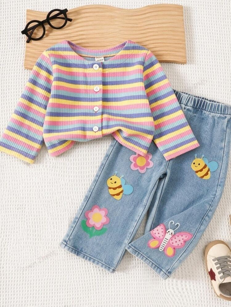SHEIN 2Pcs Toddler Girl Cardigan Pants Cute Rainbow Pink Ribbed Striped Butterfly Long Sleeve Round Neck Regular Party Fall Sweaters Pants Princess Set - Multicolor - View 7