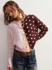 Bohemela Women's Patchwork Polka Dot Long Sleeve Single-Breasted Knit Cardigan - Pink - View 5