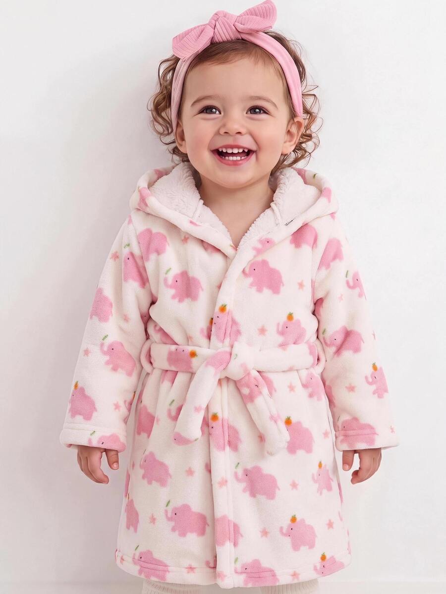 SHEIN Babygirl Cute Cartoon Pattern Casual Fluffy White Loungewear Autumn Pajamas - Hot Pink - View 1