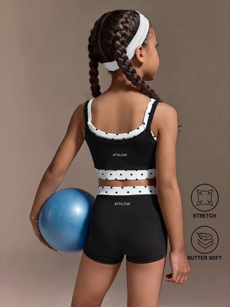 SHEIN 女童運動套裝,棕色配藍色波浪元素印花,2合1設計,時尚風格,日常穿著,運動休閒,街頭風初秋新品 - 黑色 - 查看 1