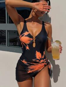SHEIN Swim 花卉印花深V性感連身泳衣搭配網紗罩衫裙 2件組女款海灘套裝 - 黑色 - 查看 1