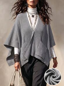 EMERY ROSE Plus Size Women's Autumn/Winter V-Neck Cardigan, Fashionable Versatile Grey Loose Fit Shawl Sleeve, Suitable For Daily, Casual, Streetwear And Other Occasions - Grey - View 1