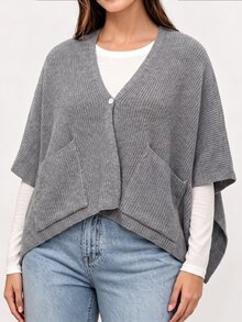 EMERY ROSE Plus Size Women's Autumn/Winter V-Neck Cardigan, Fashionable Versatile Grey Loose Fit Shawl Sleeve, Suitable For Daily, Casual, Streetwear And Other Occasions - Grey - View 5