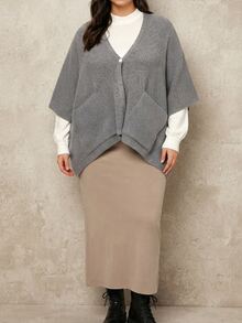 EMERY ROSE Plus Size Women's Autumn/Winter V-Neck Cardigan, Fashionable Versatile Grey Loose Fit Shawl Sleeve, Suitable For Daily, Casual, Streetwear And Other Occasions - Grey - View 4