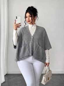 EMERY ROSE Plus Size Women's Autumn/Winter V-Neck Cardigan, Fashionable Versatile Grey Loose Fit Shawl Sleeve, Suitable For Daily, Casual, Streetwear And Other Occasions - Grey - View 7