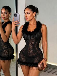 BamGleam Women's Fur Collar Lace Sexy Goth Fitted Sleeveless Dress Halloween Night Black Summer - Black - View 9