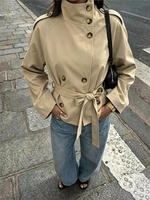 Aloruh Khaki Cinched Waist Short Trench Coat For Women, Suitable For Autumn/Winter - Khaki - View 2